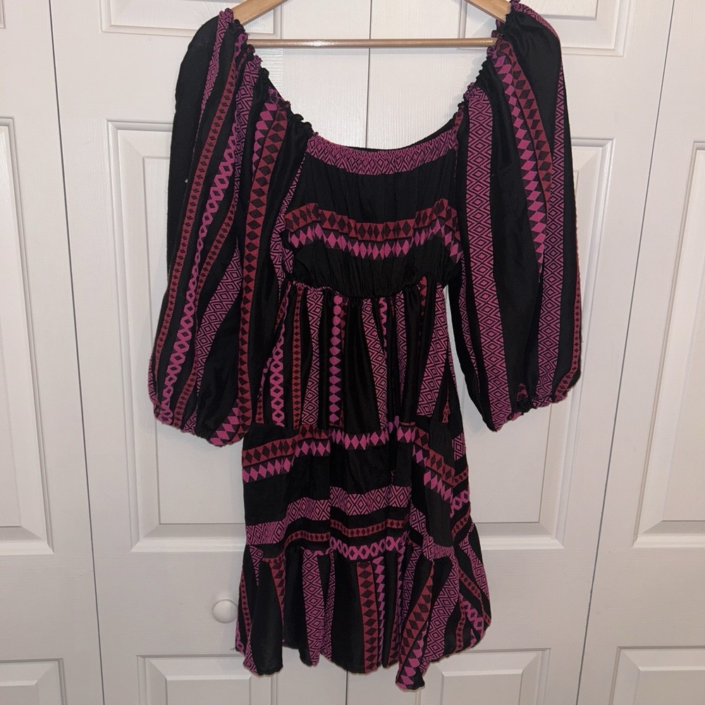 Sofia Made in Italy Bright Geometric Midi Dress in Newcastle‎ Pink Red Black